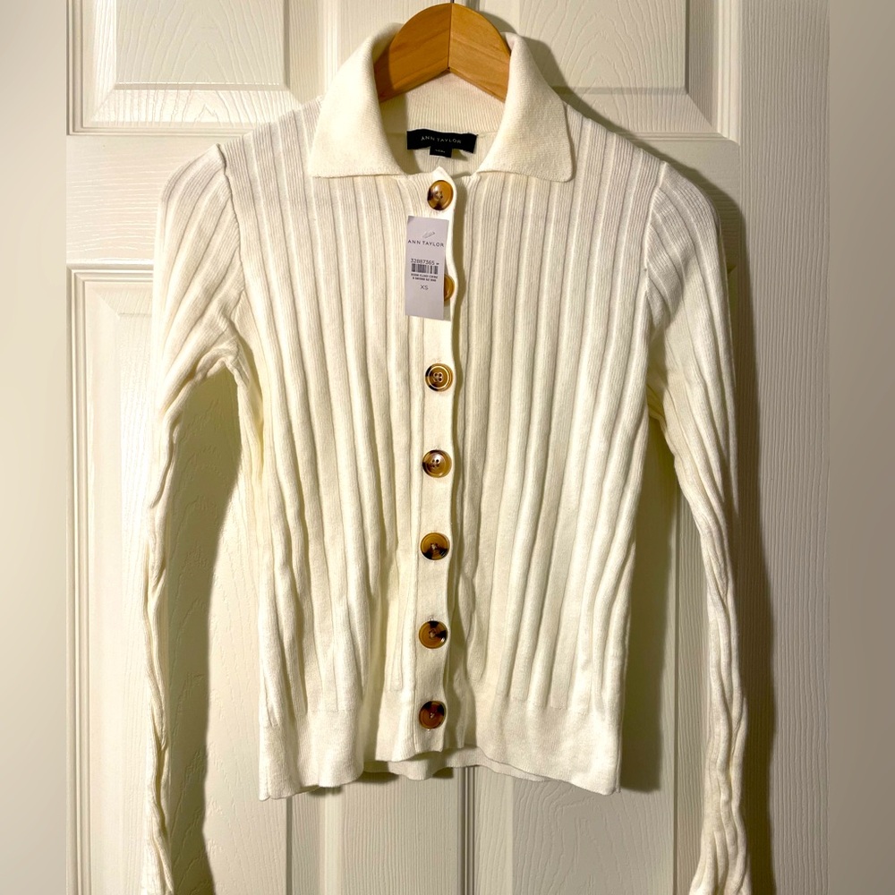 Ann Taylor Cotton Ivory Long Sleeve Ribbed Polo Knit Cardigan Sweater Top NWT